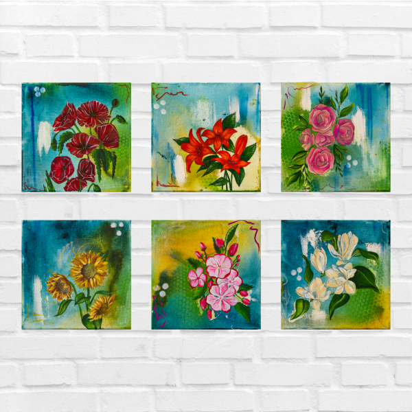 "Flower  Study 1" 6- 12"x12" Mixed Media Paintings